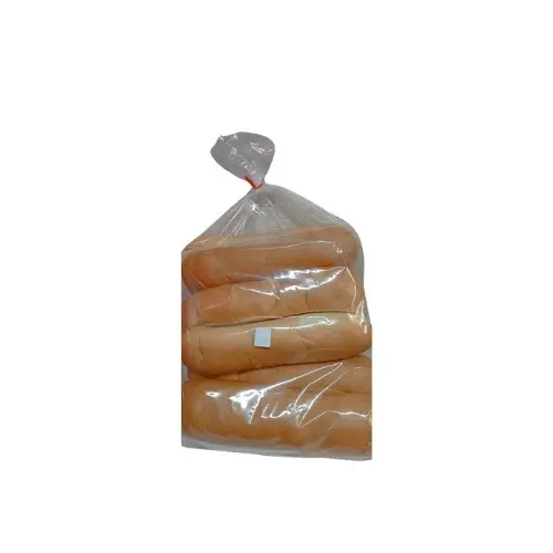 Clear plastic bag filled with several hot dogs stacked inside.
