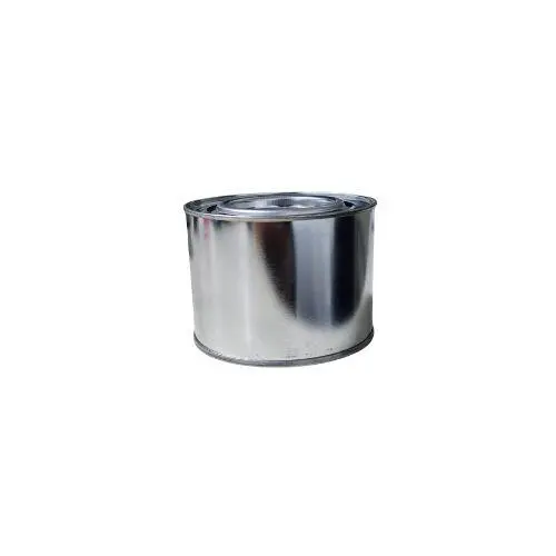 Metal paint can with a shiny silver finish on a white background.