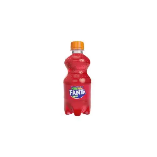 Plastic bottle of red Fanta soda with an orange cap against a white background, label clearly reading Fanta.