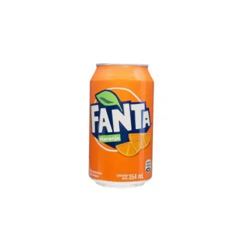 Orange Fanta soda can with white logo and orange slices on an orange background, 354 ml