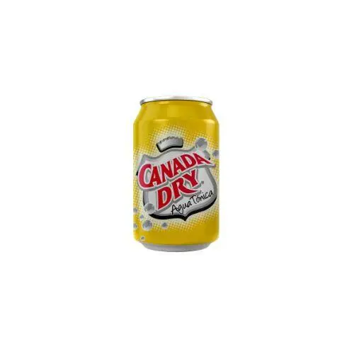 Yellow can of Canada Dry tonic water with red logo and silver bubbles on a white background.