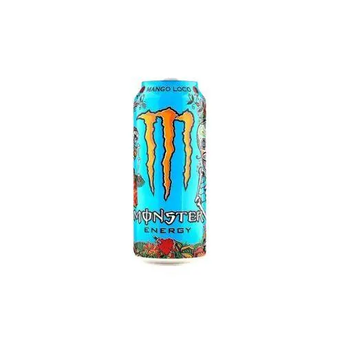 Blue Monster Energy can labeled Mango Loco with the signature orange claw logo and tropical artwork