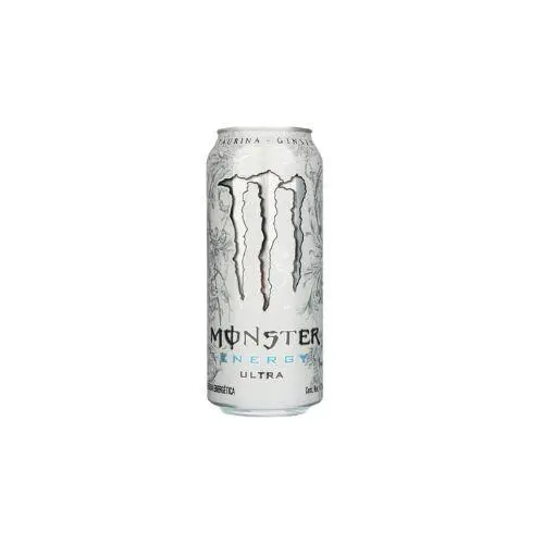 Silver Monster Energy Ultra energy drink can with the distinctive claw logo and blue 'Energy' text.
