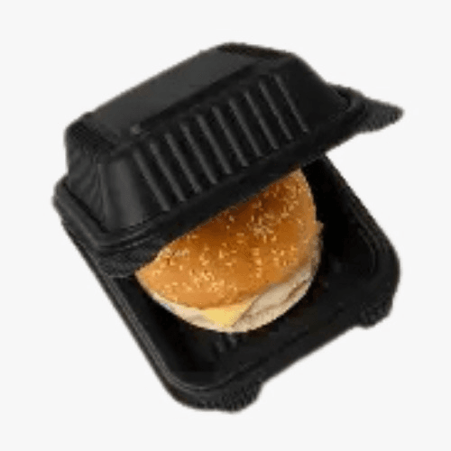 Hamburger in a black takeout container, sesame bun and cheese visible.