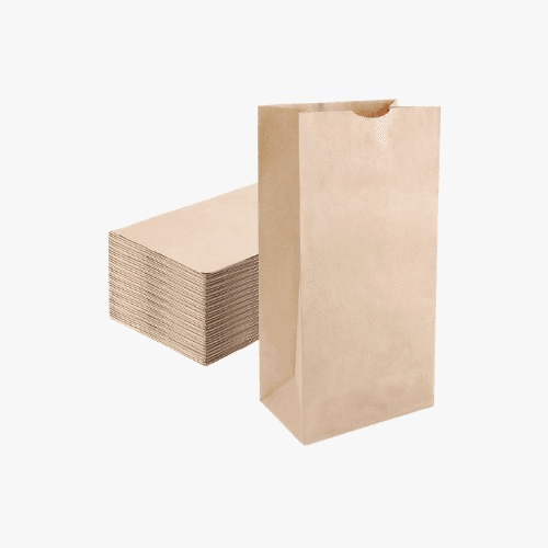 Brown kraft paper grocery bag standing upright beside a stack of flat brown paper bags