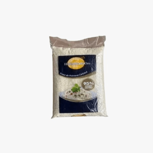 Plastic bag of white rice with a blue label on the front and an image of a plate of cooked rice.