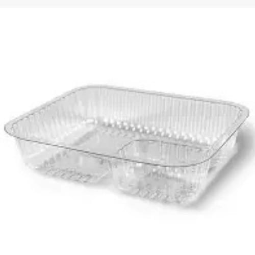 Clear rectangular plastic food storage container with ribbed sides (no lid).