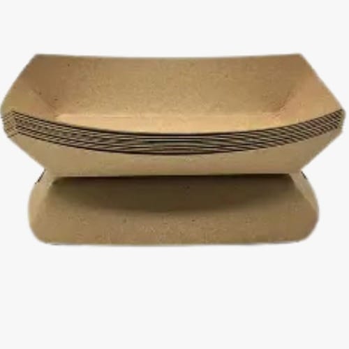 Cardboard clamshell packaging with curved sides and a dark striped band across the middle.