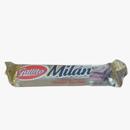 Wrapped Gallito Milán chocolate wafer bar with image of a chocolate piece on the wrapper