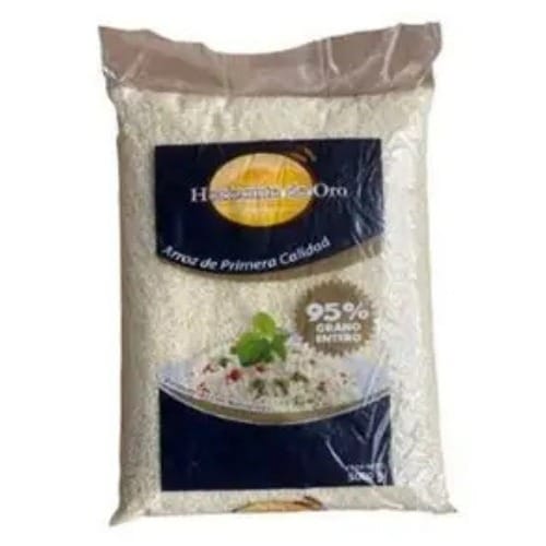 BOLSA DE ARROZ - Costa Rica Food Services l Food Services Clear plastic bag of white long-grain rice with a dark blue label; shows a bowl of cooked rice on the front and a '95% gran@ entero' badge.