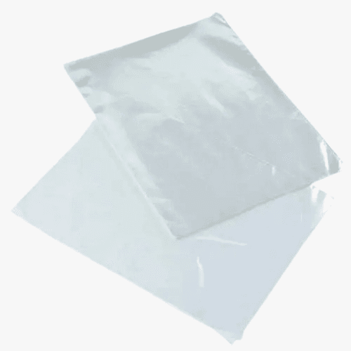 Two small silver shiny plastic bags overlapped on a white background