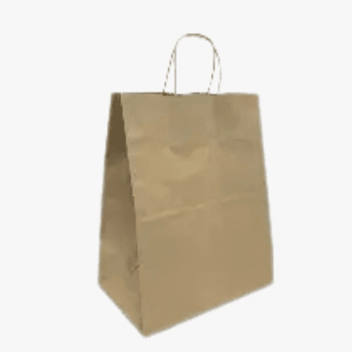 Brown paper shopping bag with twisted handles, standing upright.