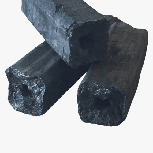 Three charcoal briquettes with hollow centers on a white background, arranged in a crossing formation.