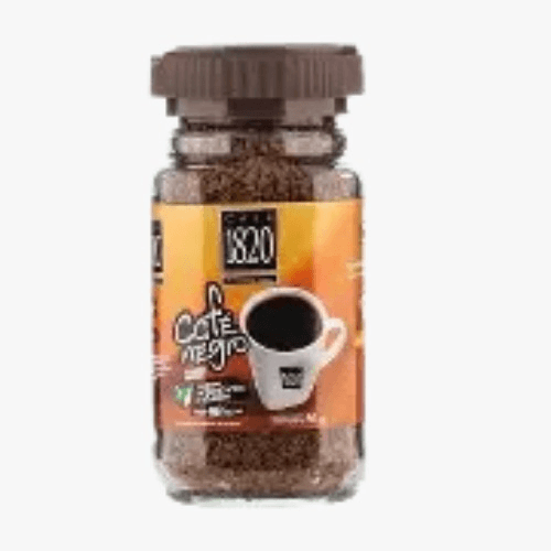 Small glass jar of ground coffee with a brown screw cap and an orange label featuring a coffee cup illustration.