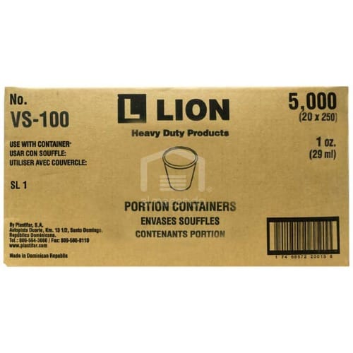 Cardboard box labeled LION Heavy Duty Product portion containers, VS-100, 5,000 units (20 x 250).