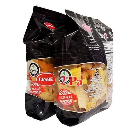CHIPSTUMBIS - Costa Rica Food Services l Food Services Twin vacuum-sealed snack bags with black outer packaging and a transparent window showing bite-sized cheese crackers with red labels; the bags sit upright and are sealed in plastic.