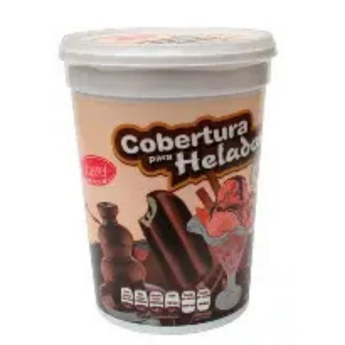 COBERTURA DE HELADP - Costa Rica Food Services l Food Services Container of chocolate ice cream topping (Cobertura para Helados) with a white lid and chocolate-covered figures pictured on label.