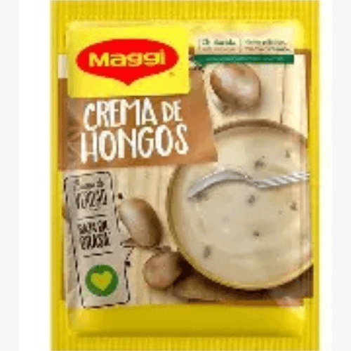 Paquete amarillo de Maggi Crema de Hongos con cuenco de crema y champiñones al fondo
