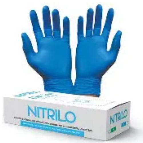 GUANTE AZUL XL - Costa Rica Food Services l Food Services Two blue nitrile disposable gloves held up above a white nitrile box labeled 'NITRILO', signaling protective gloves for cleaning or medical tasks.