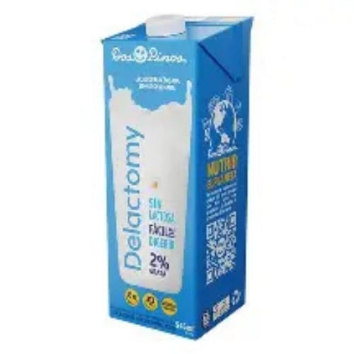 LECHE DELACTOMY - Costa Rica Food Services l Food Services Blue carton of milk standing upright, labeled 2% fat and dairy product packaging visible on front side.