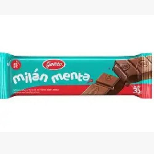 Mint chocolate bar in a turquoise and red wrapper labeled 'milán menta' with chocolate squares shown on the right.