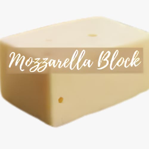 MOZZARELLA BLOCK - Costa Rica Food Services l Food Services Mozzarella block of cheese with the words 'Mozzarella Block' written across it.