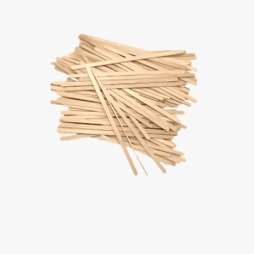 Pile of wooden craft sticks scattered on a white background.