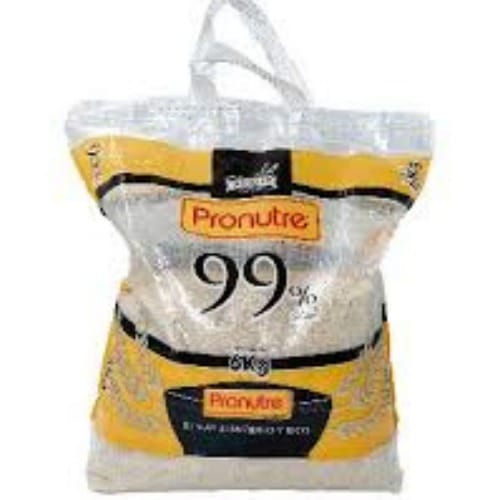 Bag of Pronutre flour with yellow and white packaging; front shows '99%' on the label.