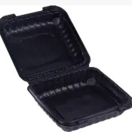 Black hinged plastic takeout container open, showing two compartments for food.