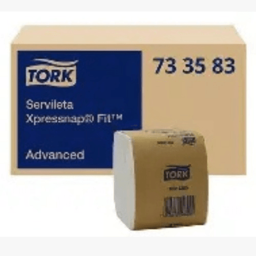 Box of Tork Advanced napkins with blue label on left, beige packaging on right, and a small roll of napkins in front; shows Tork branding and the word 'Advanced'.