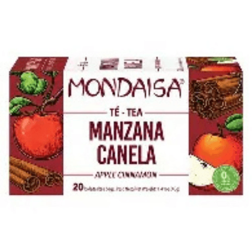 Box of Mondaisa tea labeled 'Manzana Canela' with apples and cinnamon imagery on red packaging.