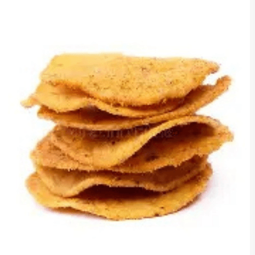 Stack of thin, golden-brown fried crackers stacked in a neat pile
