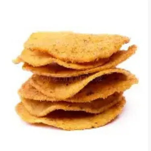 Stack of thin, golden-brown fried crackers stacked in a neat pile