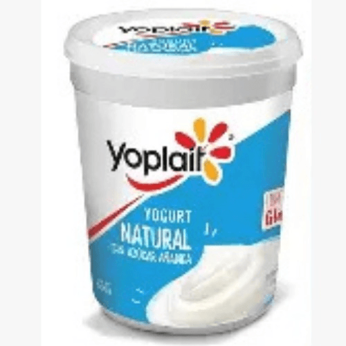 Yoplait yogurt cup with blue and white packaging and a lid, labeled natural yogurt on the front.