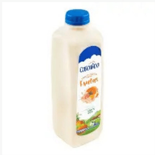 White plastic milk bottle with a blue cap and a colorful label on a white background.