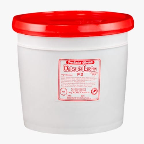 White plastic tub with a bright red lid labeled Dulce de Leche, a dairy product, front-facing label visible