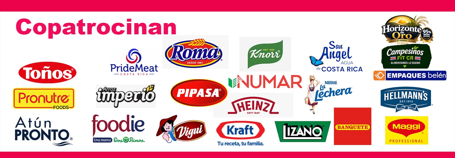 Collage of sponsor logos under 'Copatrocinan,' featuring brands such as Toños, PrideMeat, Roma, Knorr, San Angel, Campesinos, Empaques Belén, Hellmann's, Imperio, PipasA, Heinz, La Lechera, Kraft, Izano, Banquete, Maggi, Atún Pronto, Foodie, and Viguí.