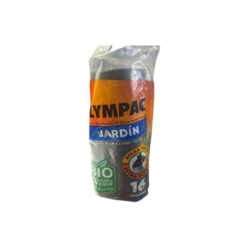 Plastic bag of garden soil labeled 'JARDIN' with orange, blue, and green sections and a green recycling symbol on the front.