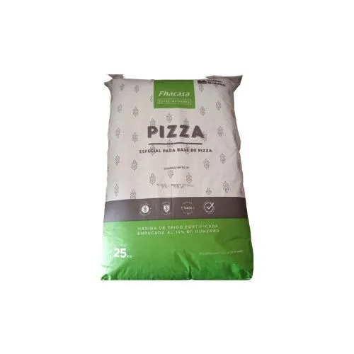 Bag of pizza base mix with a green bottom half and white top; the word 'PIZZA' is printed on the front along with the brand logo.