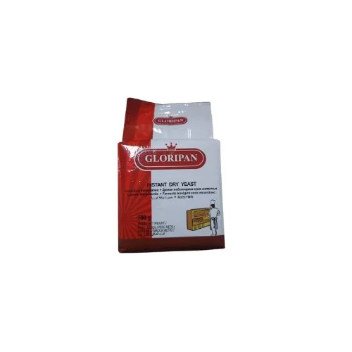 Gloripan instant dry yeast package (red and white) on a plain white background.