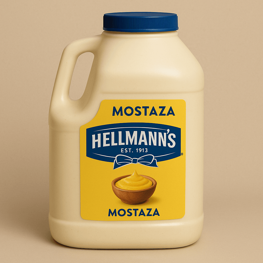 Yellow mustard bottle with a blue cap and Hellmann's label, featuring the word 'Mostaza' and a mustard bowl image on a beige background
