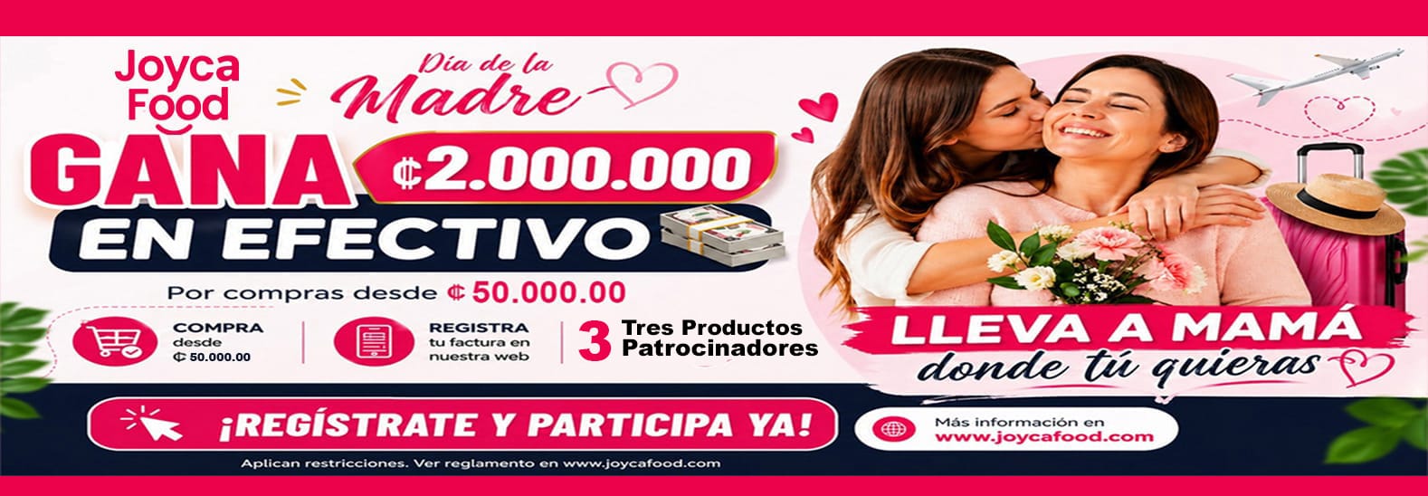 Banner promocional de Joyca Food para el Día de la Madre, con premio de ₡2,000,000 en efectivo y mensajes de regreso a mamá.