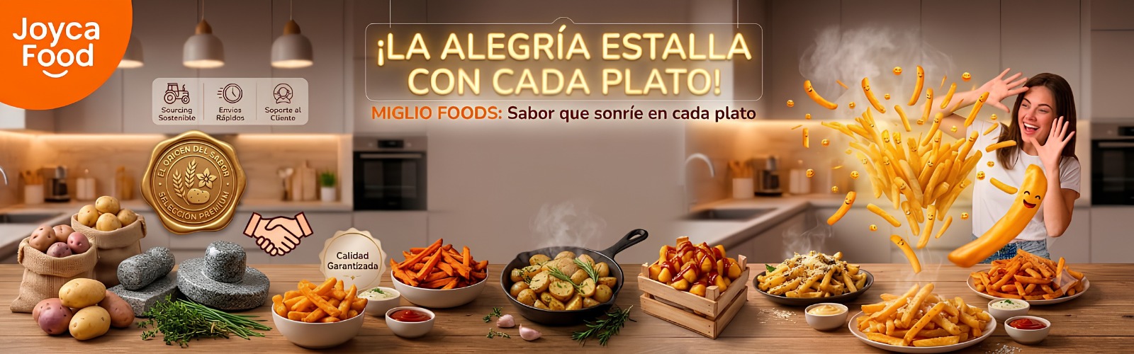 Joyca Food promotional kitchen scene with a woman tossing French fries and bowls of potato sides on a wooden table, logo visible on the left.