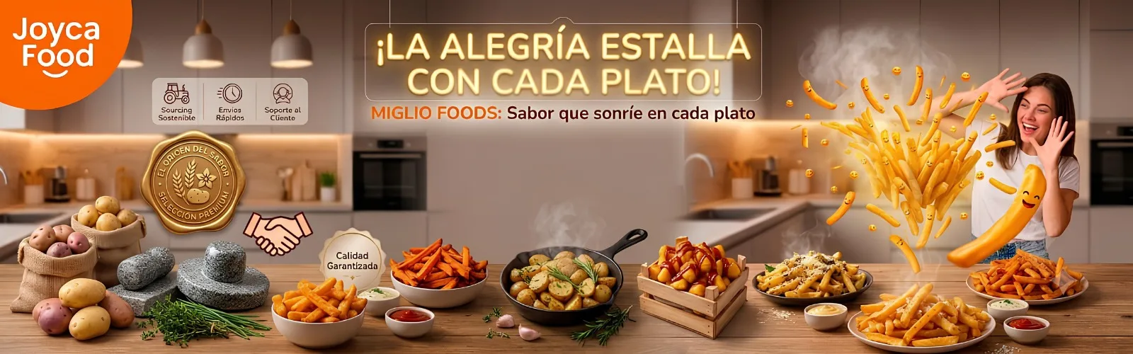 Joyca Food promotional kitchen scene with a woman tossing French fries and bowls of potato sides on a wooden table, logo visible on the left.