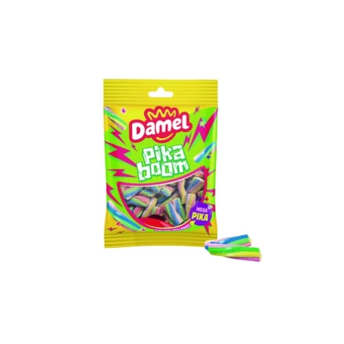 Bright yellow Damel Pika Boom candy bag with neon green/pink graphics and a few colorful candy sticks spilling out.