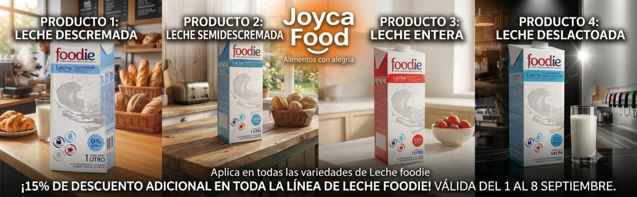 Banner publicitario de Joyca Food mostrando cuatro cajas de leche (descremada, semidescremada, entera y deslactosada) con texto de oferta del 15% de descuento adicional, válida del 1 al 8 de septiembre en todas las variedades.