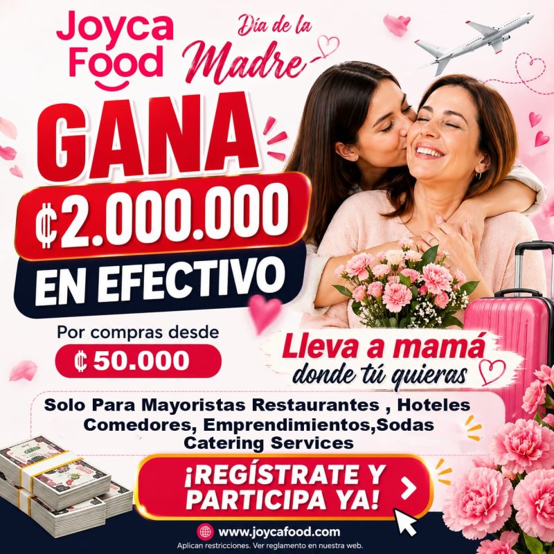 Promotional poster for Joyca Food announcing a Mother's Day contest with a ₡2,000,000 cash prize, featuring two women hugging with flowers and a pink suitcase in the background.